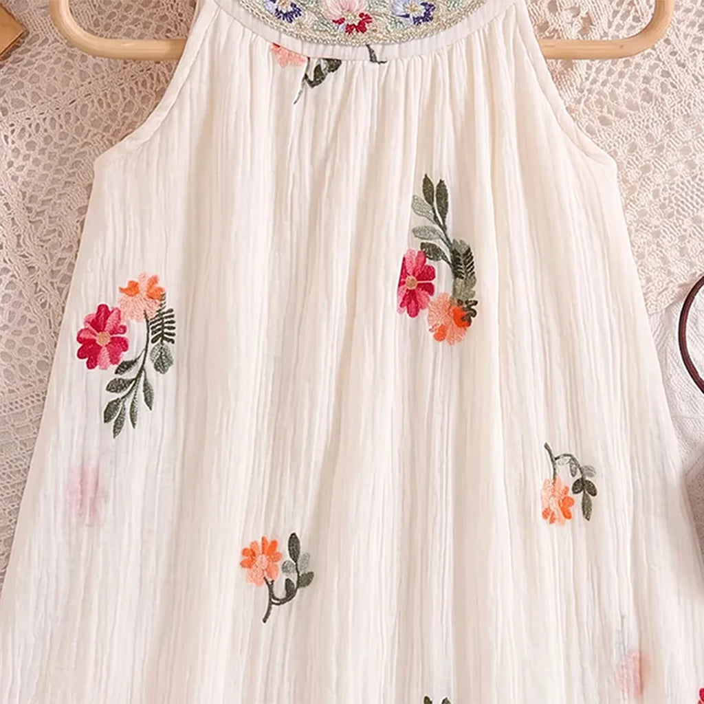 Girls Off White Floral Embroidered Sleeveless A-line Dress Casual Dresses