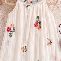 Girls Off White Floral Embroidered Sleeveless A-line Dress Casual Dresses