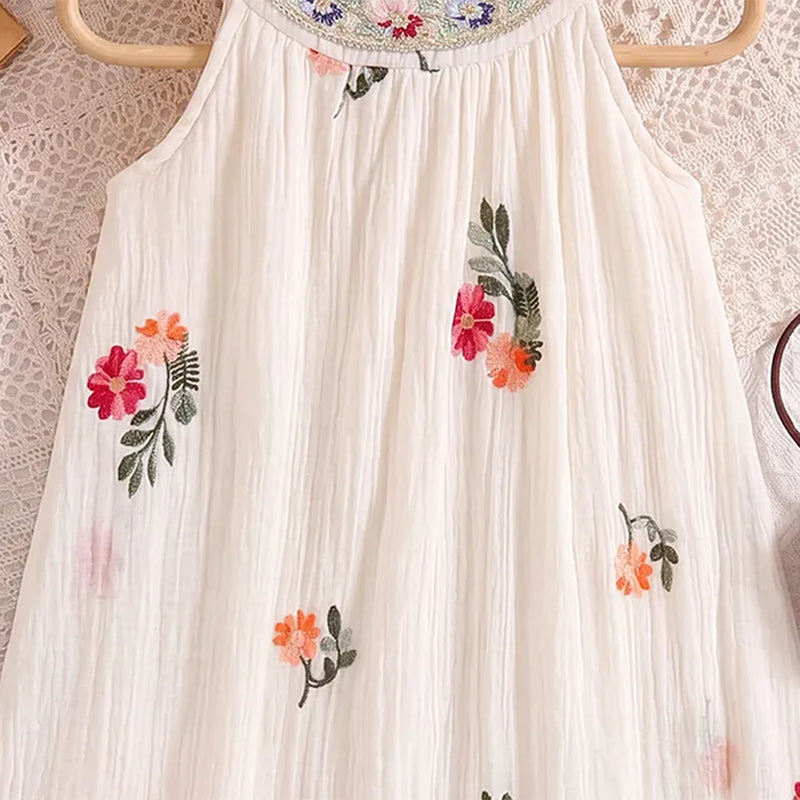 Girls Off White Floral Embroidered Sleeveless A-line Dress Casual Dresses