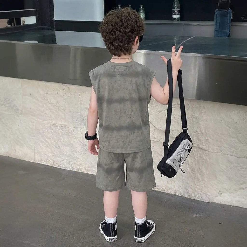 Boys Grey Tie Dye Print Sleeveless T-Shirt & Shorts Co-ord Sets Sets