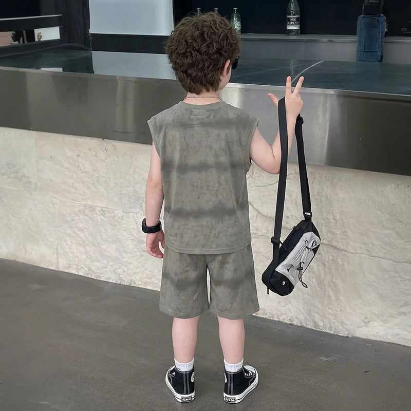 Boys Grey Tie Dye Print Sleeveless T-Shirt & Shorts Co-ord Sets Sets