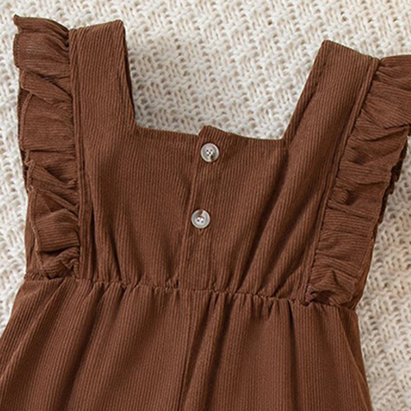 Girls Dark Brown Corduroy Sleeveless Overall Jumpsuit With Bow Detail Jumpsuits