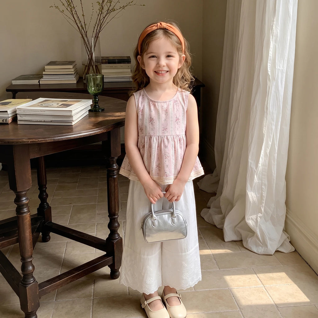 Girls Light Pink Floral Print Peplum Top With Pants Sets 2 pc. Sets
