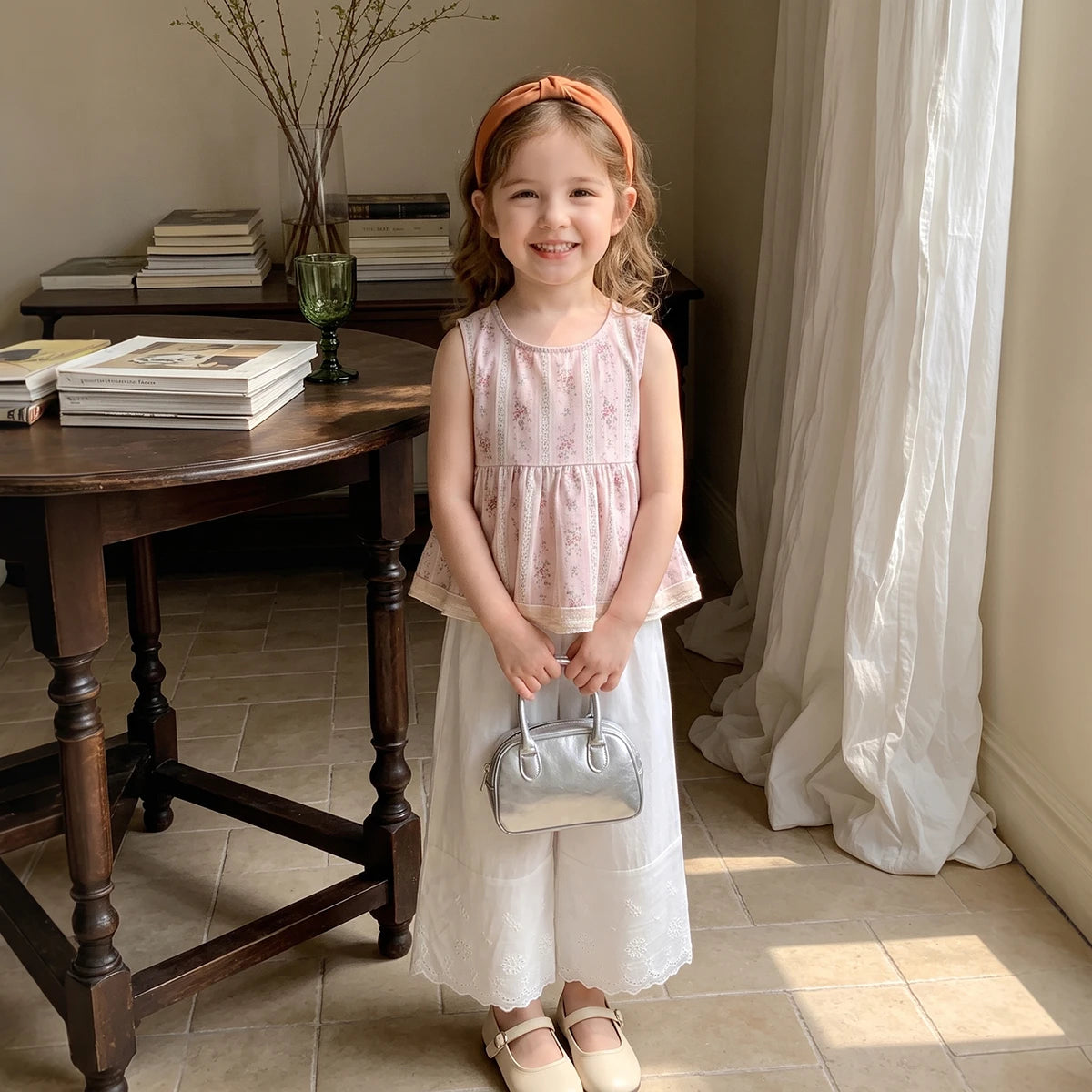 Girls Light Pink Floral Print Peplum Top With Pants Sets 2 pc. Sets