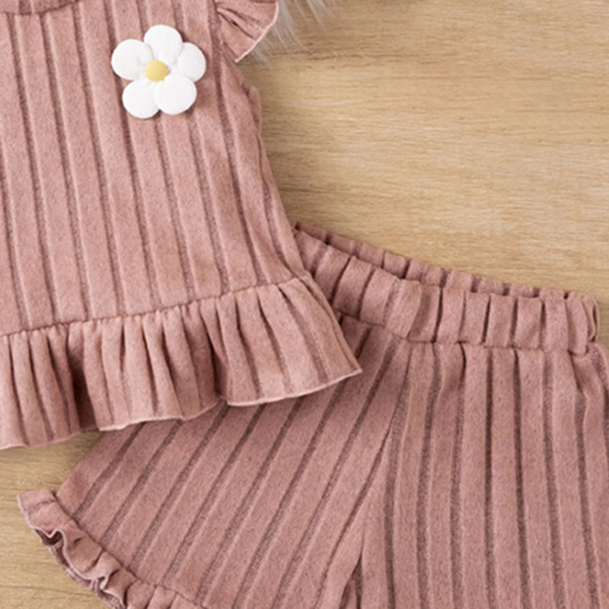 Girls Pink Self Stripes Top With & Shorts With Ruffle Details Co-ord Sets Sets