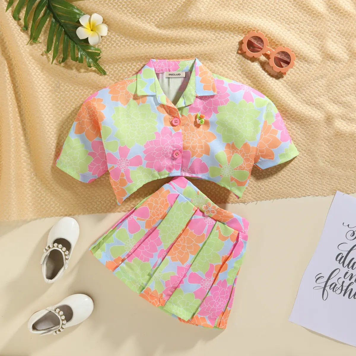 Girls Yellow Floral Short Sleeve Top With Pleated Skirts Sets 2 pc. Sets Yellow 0-1 Y