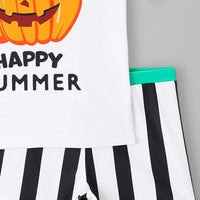 Boys White Pumpkin Cartoon Printed T-Shirt With Stripe Shorts Swimwear Sets Sets