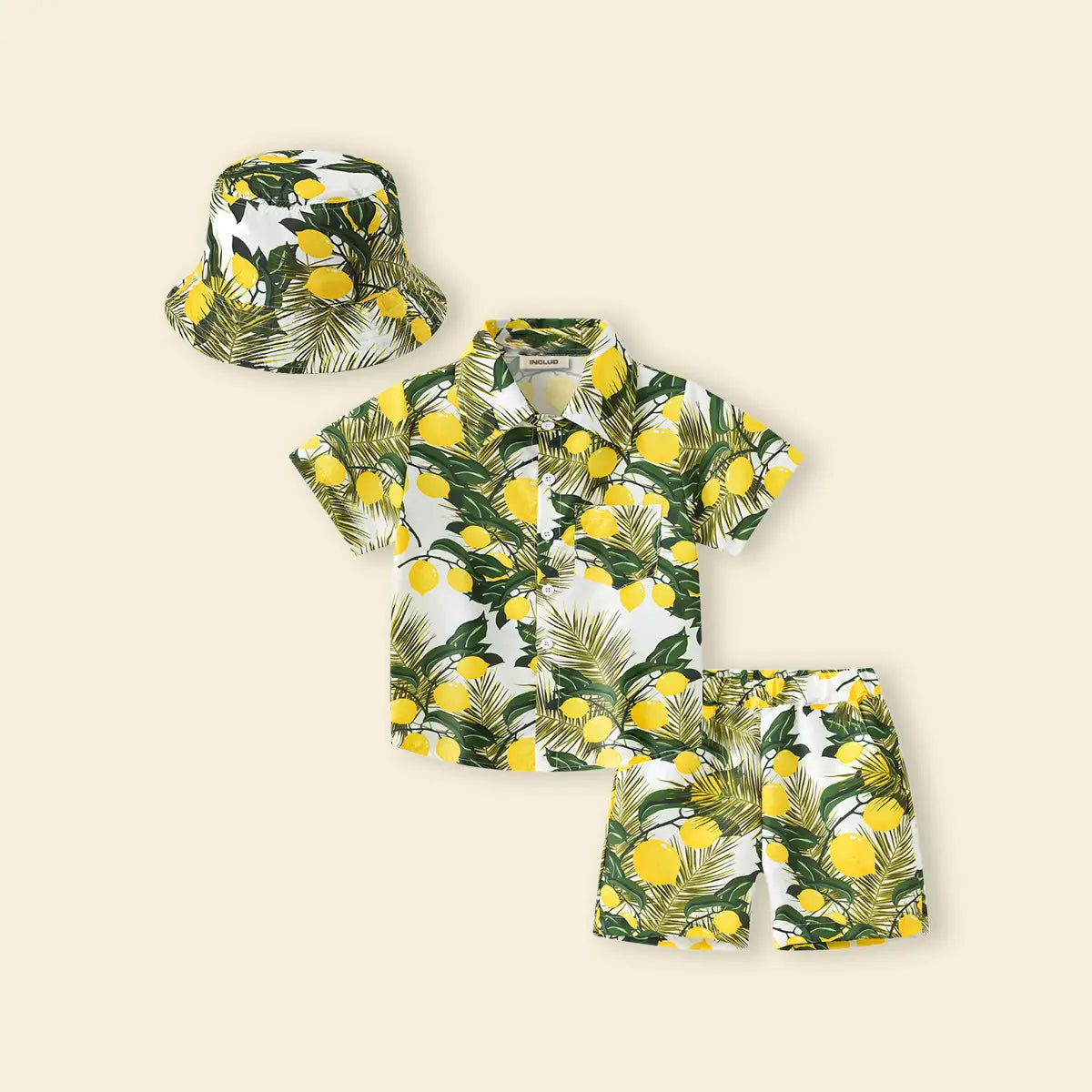Boys Yellow Lemon Print Button-Down Shirt With Shorts & Hat Co-ord Sets Sets