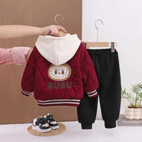 Boys Red Quilted Puffer Hooded Jacket With Jogger Sets Sets