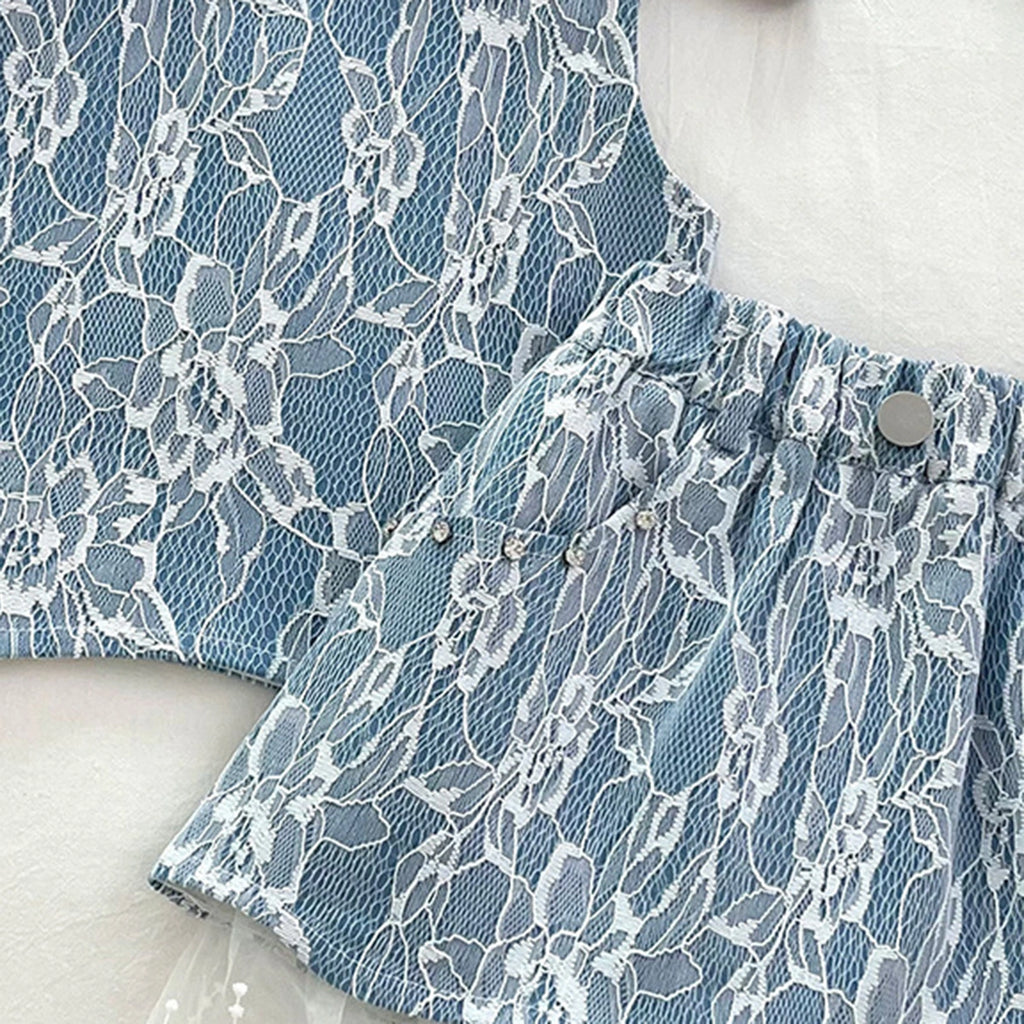 Girls Blue Floral Lace Sleeveless Top With Skirt Sets 2 pc. Sets