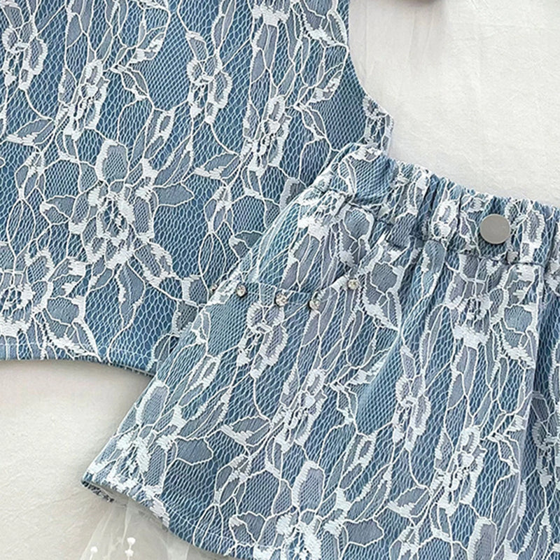 Girls Blue Floral Lace Sleeveless Top With Skirt Sets 2 pc. Sets