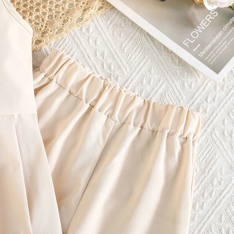 Girls Beige Sleeveless Blazer Top With Wide Leg Pants Co-ord Sets Sets