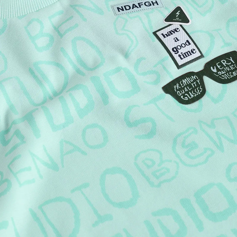 Boys Green Typographic Printed T-Shirt With Twill Shorts Sets 2 pc. Sets