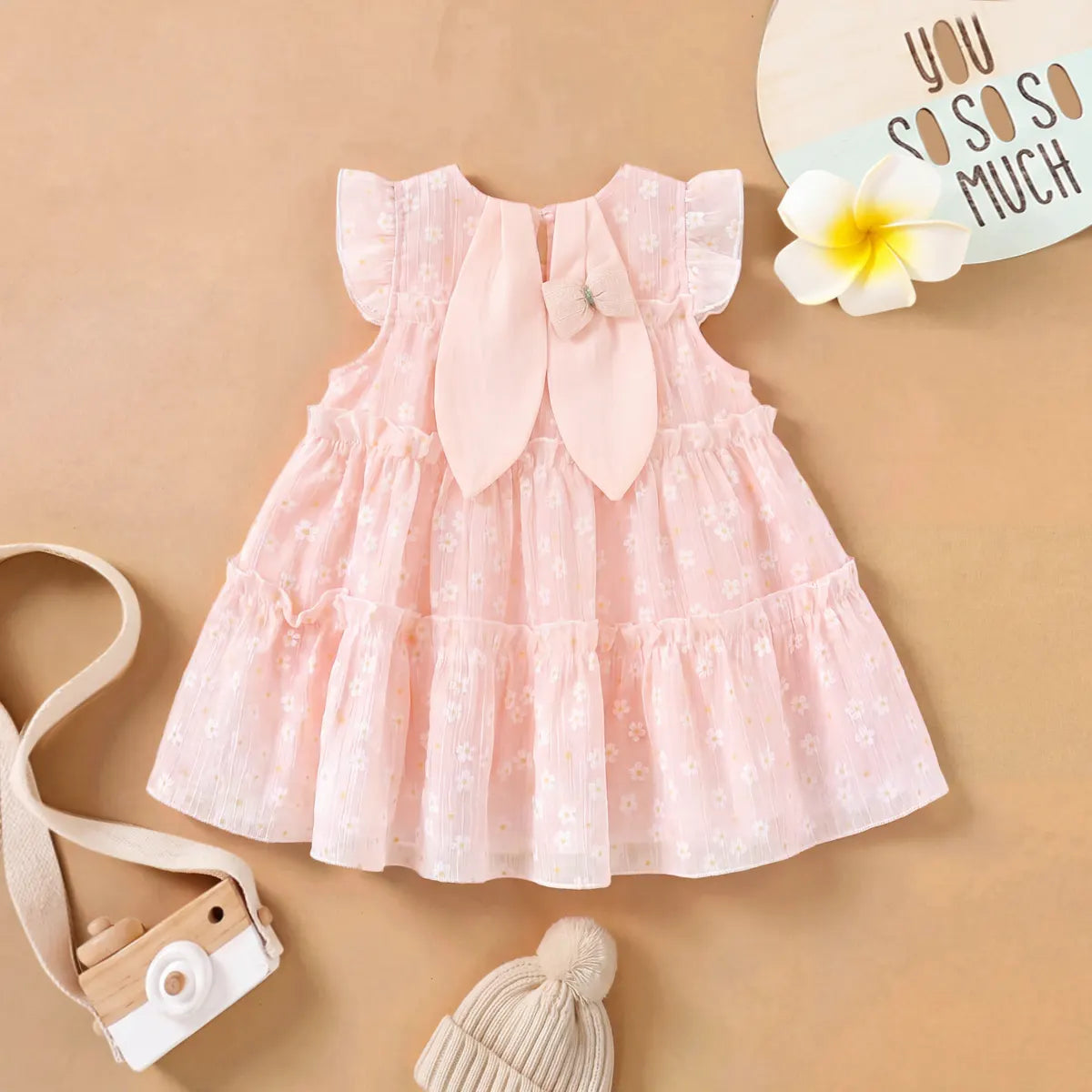 Girls Pink Floral Print Bunny Ear Applique Tiered Dress Casual Dresses
