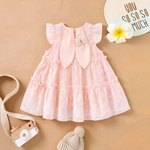 Girls Pink Floral Print Bunny Ear Applique Tiered Dress Casual Dresses