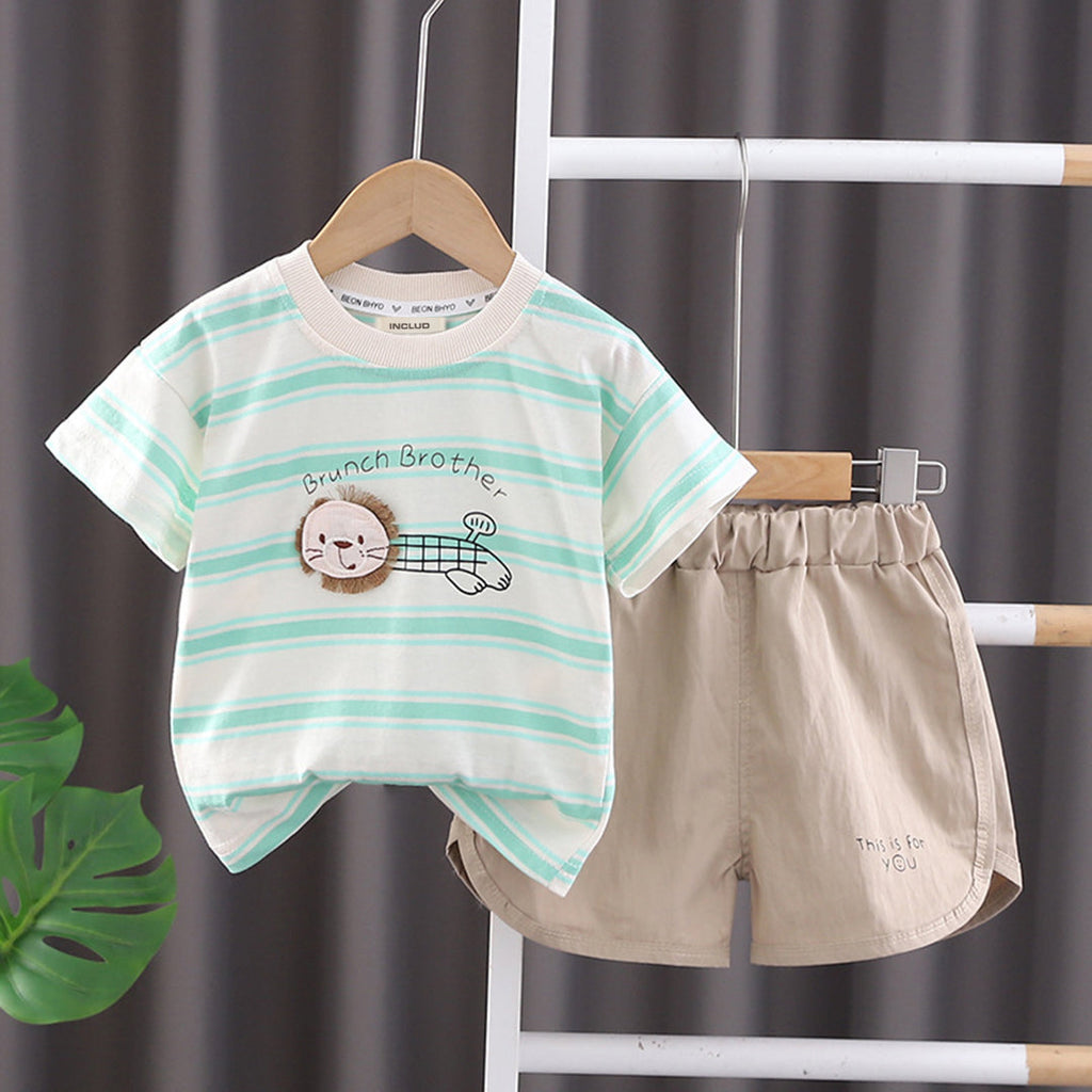 Boys Short Sleeve Striped T-Shirt With Curved Shape Shorts Sets Light Green 1-2 Y 