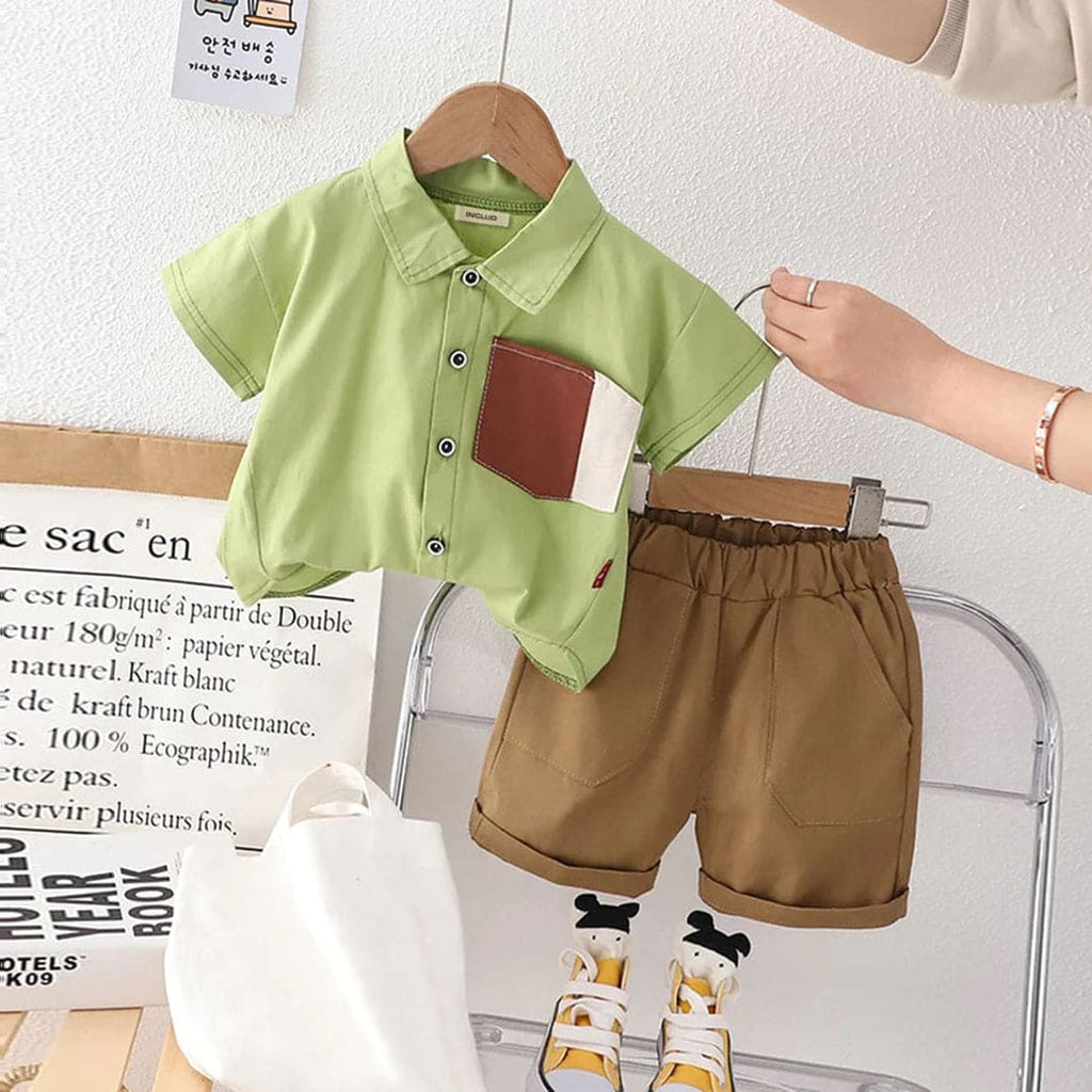 Boys Green Contrast Pocket Shirt With Shorts Sets Light Green 1-2 Y 