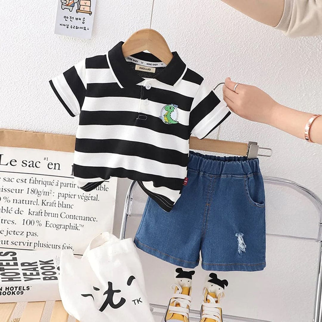 Boys Black Printed Stripe T-Shirt With Denim Shorts Sets Black 1-2 Y 