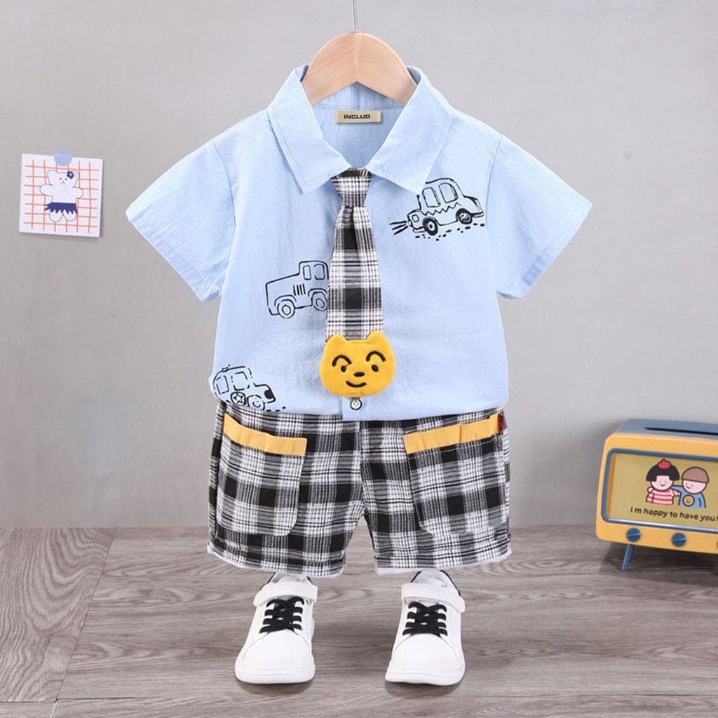 Boys Light Blue Printed Shirt With Plaid Bottom