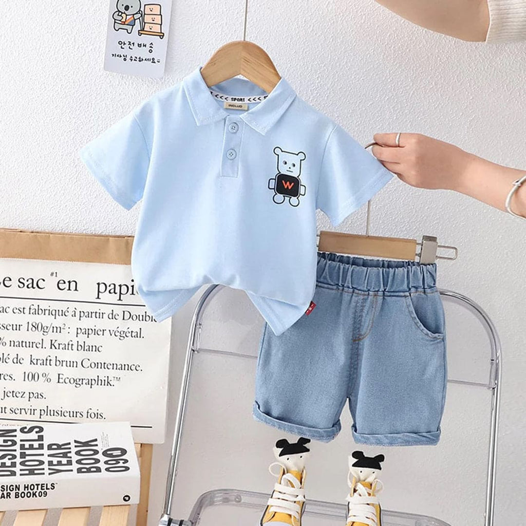 Boys Light Blue Graphics Print Polo T-Shirt With Denim Shorts Sets Light Blue 1-2 Y 