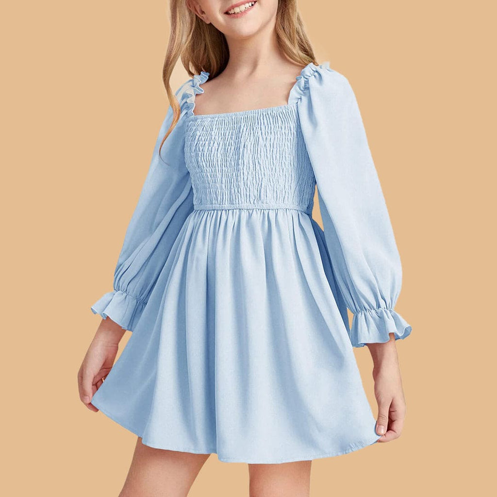 Girls Light Blue Long Sleeve Elasticated Yoke Dress