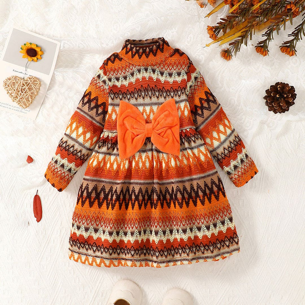 Girls Orange Bow Applique Embroidered Fit & Flare Winterwear Dress Casual Dresses Orange 1-2 Y 