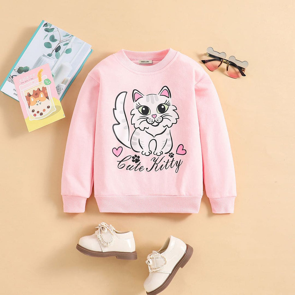 Girls Pink Cat Print Full Sleeves Sweatshirt Sweatshirts & Hoodies Pink 4-5 Y 