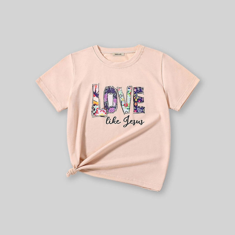 Girls Beige Printed Short Sleeves T-shirt Tshirts   