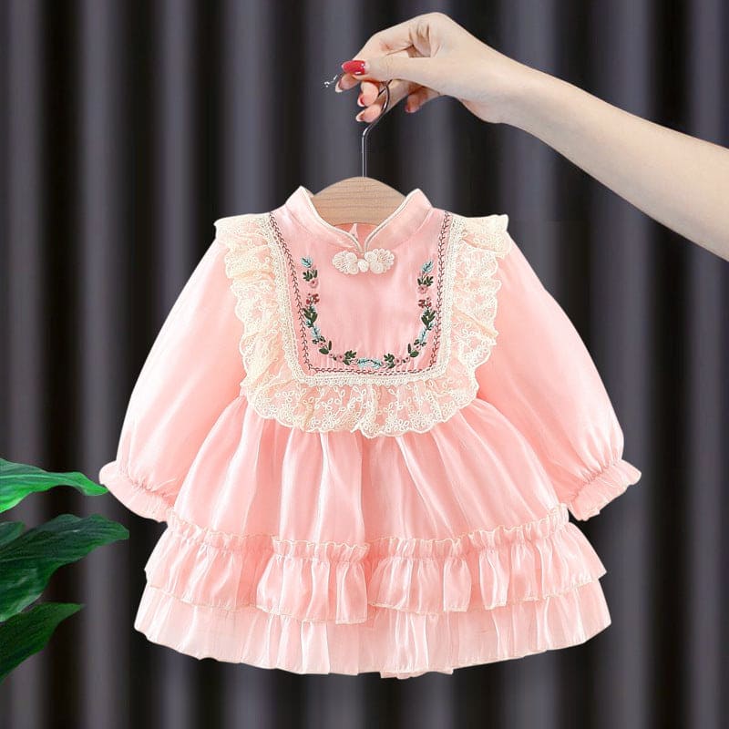 Girls Pink Long Sleeve Flower Embroidery Dress Casual Dresses Pink 1-2 Y 