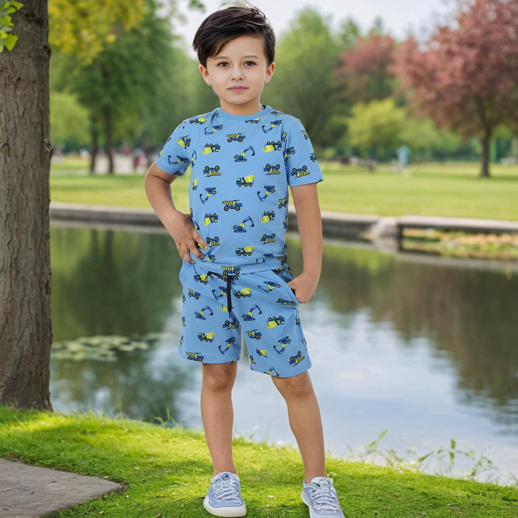 Boys Light Blue Car Printed Short Sleeves T-Shirt With Shorts Set