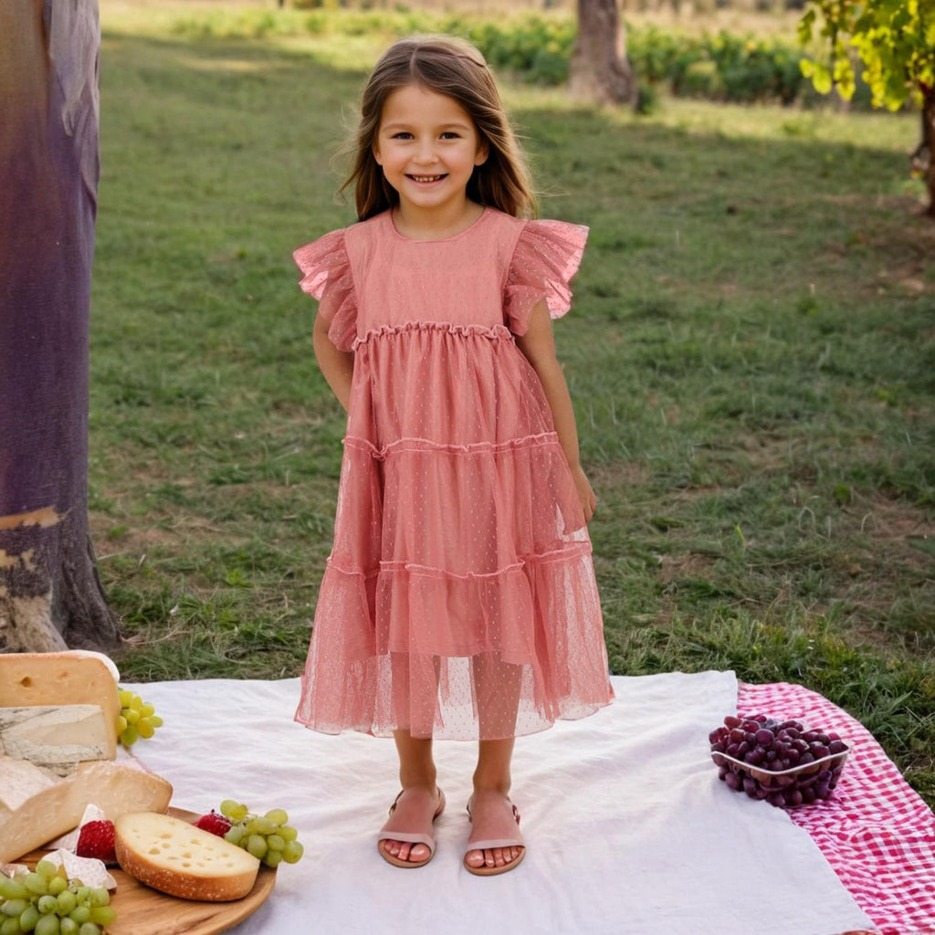 Girls Peach Embellished Flared Sleeves Tiered Dress