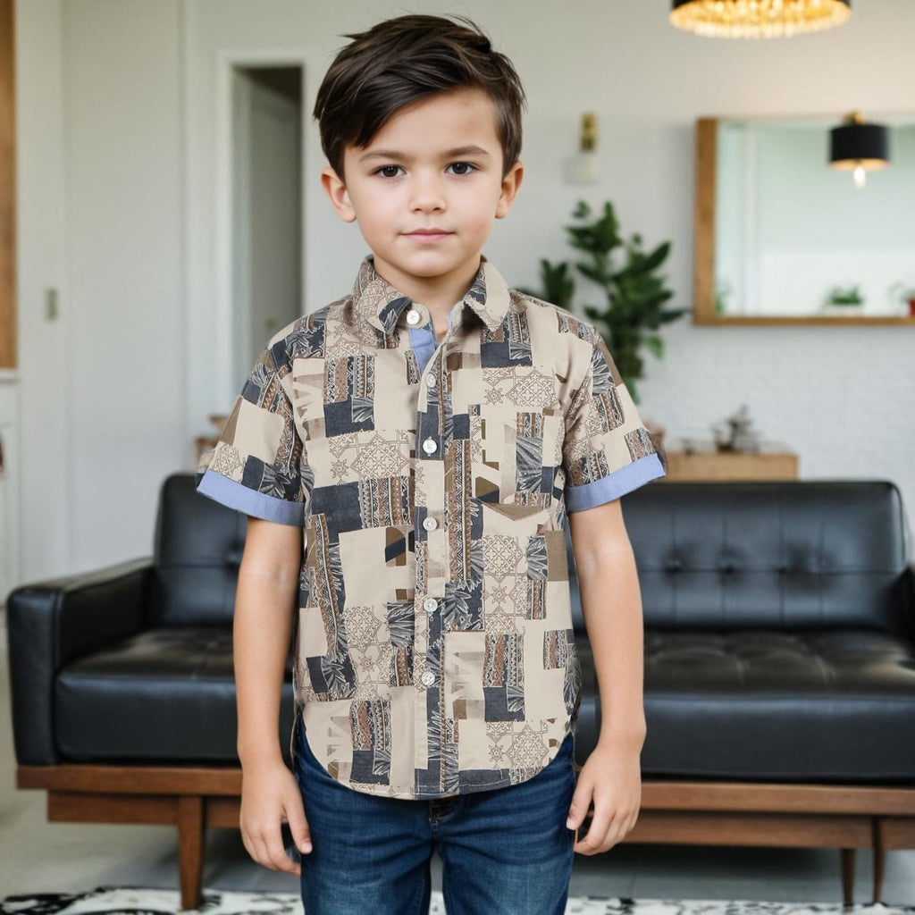 Boys Beige Geometrical Print Short Sleeves Shirt Shirts Beige 3-4 Y 