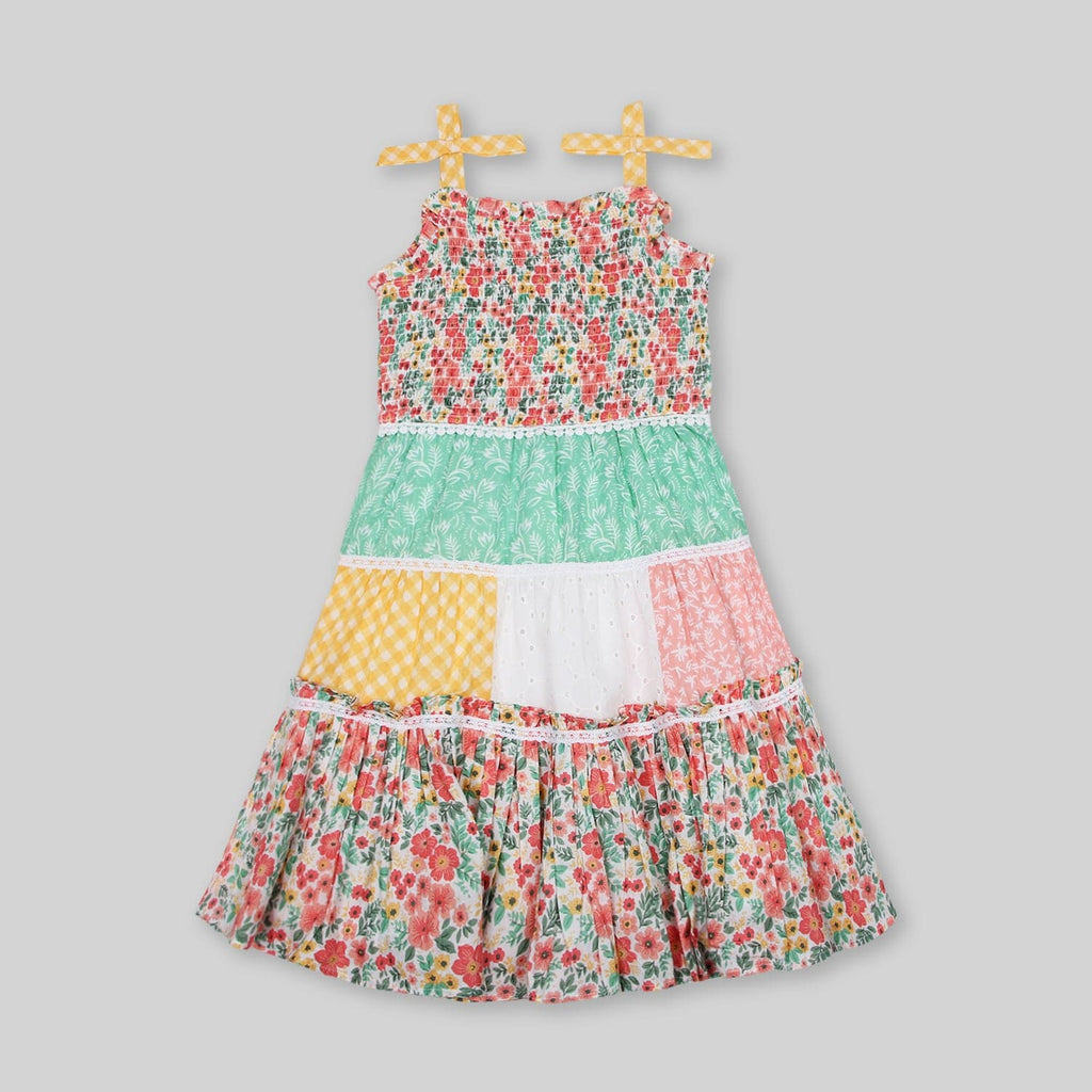 Girls Printed Shoulder Straps Tiered Dress