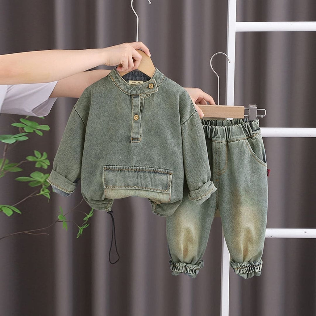 Boys Grey Denim Long Sleeves Shirt With Trouser Set Sets Gray 1-2 Y 