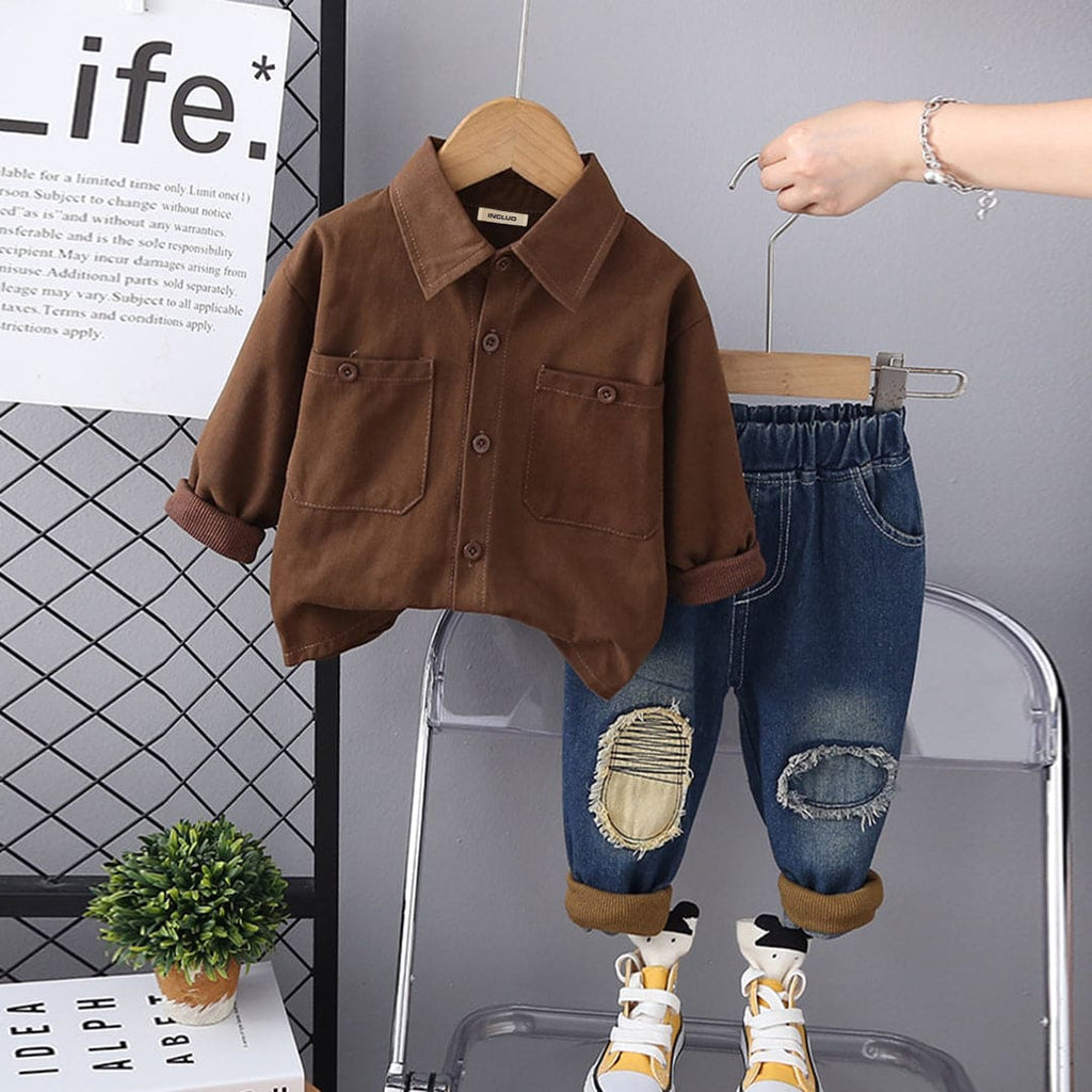 Boys Brown Patch Pocket Shirt With Denim Jeans Set Sets Brown 1-2 Y 