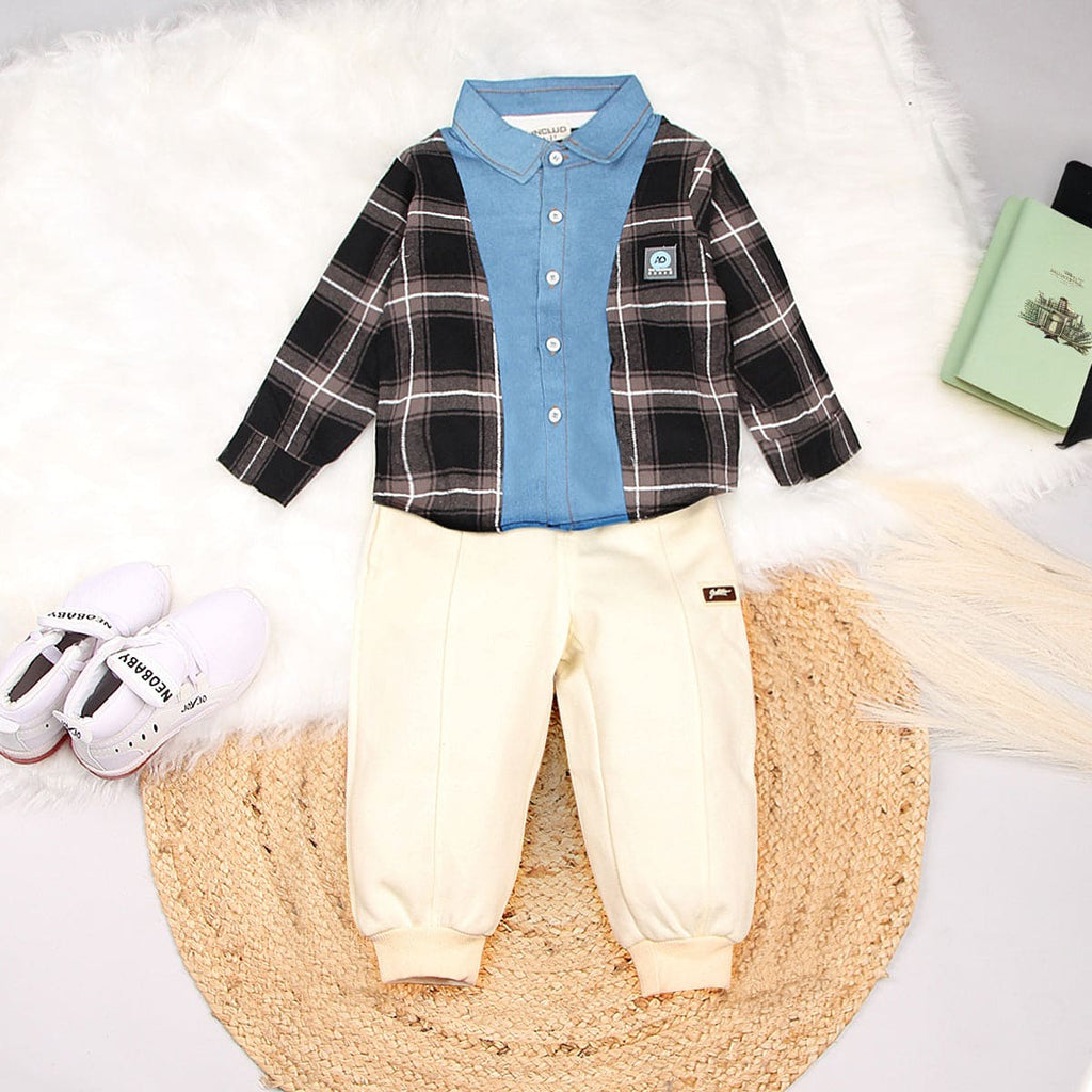 Boys Black Printed T-shirt with Checkered Shirt & Trousers Set Sets Black 1-2 Y 