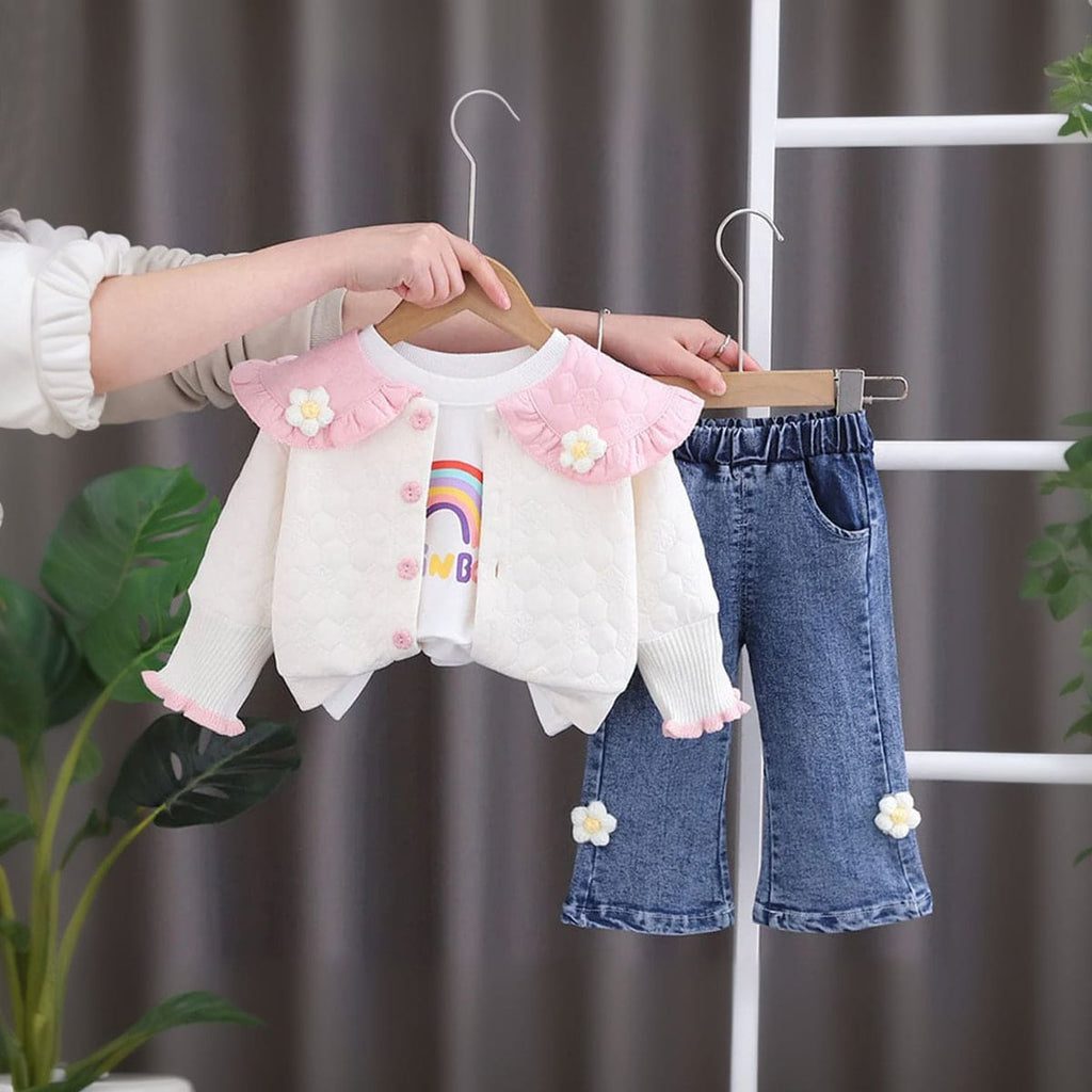 Girls White Cardigan with T-shirt & Denim Set Sets White 1-2 Y 