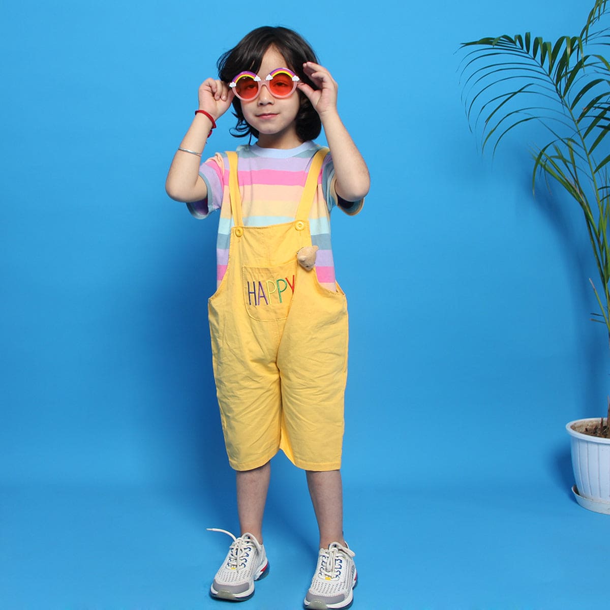 Boys Multi Color Stripe T-Shirt With Yellow Dungaree Set 2 pc. Sets