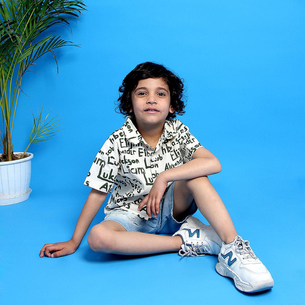 Boys OverSized Printed Shirt with Distressed Denim Shorts Sets Green 1-2 Y