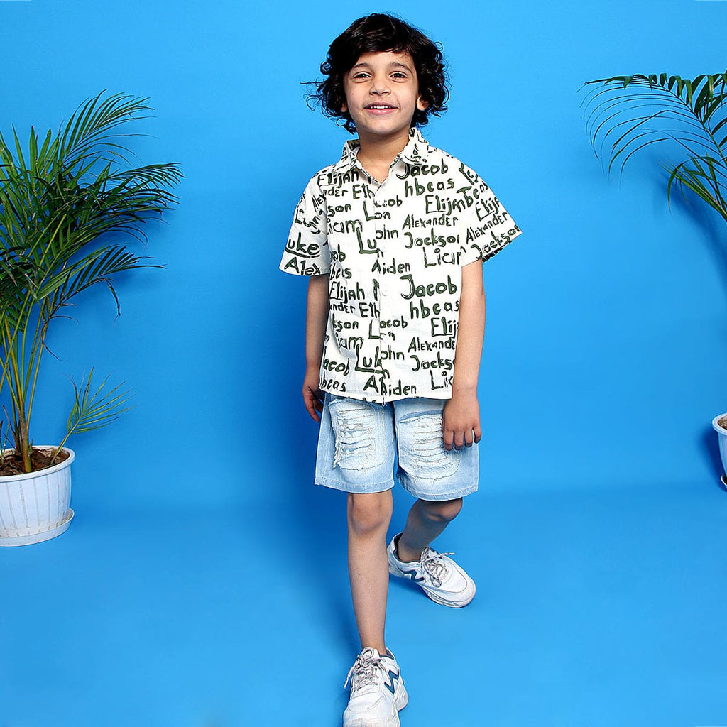 Boys OverSized Printed Shirt with Distressed Denim Shorts Sets