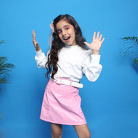 Girls Pink Rib Sleeves High Neck Top With Pu Leather Skirt Set Sets