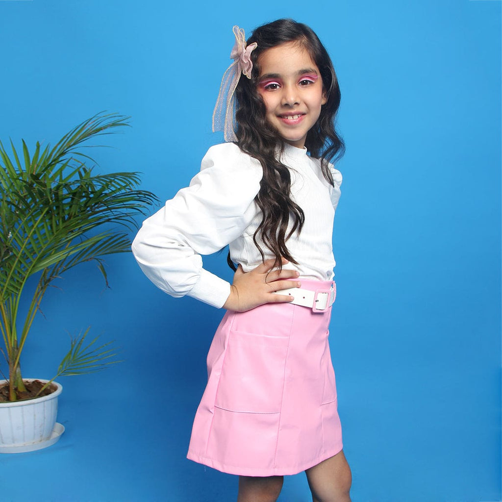 Girls Pink Rib Sleeves High Neck Top With Pu Leather Skirt Set Sets