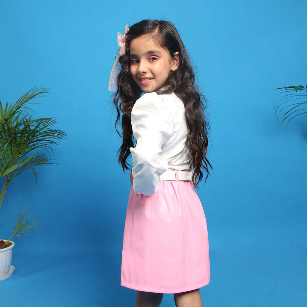 Girls Pink Rib Sleeves High Neck Top With Pu Leather Skirt Set Sets