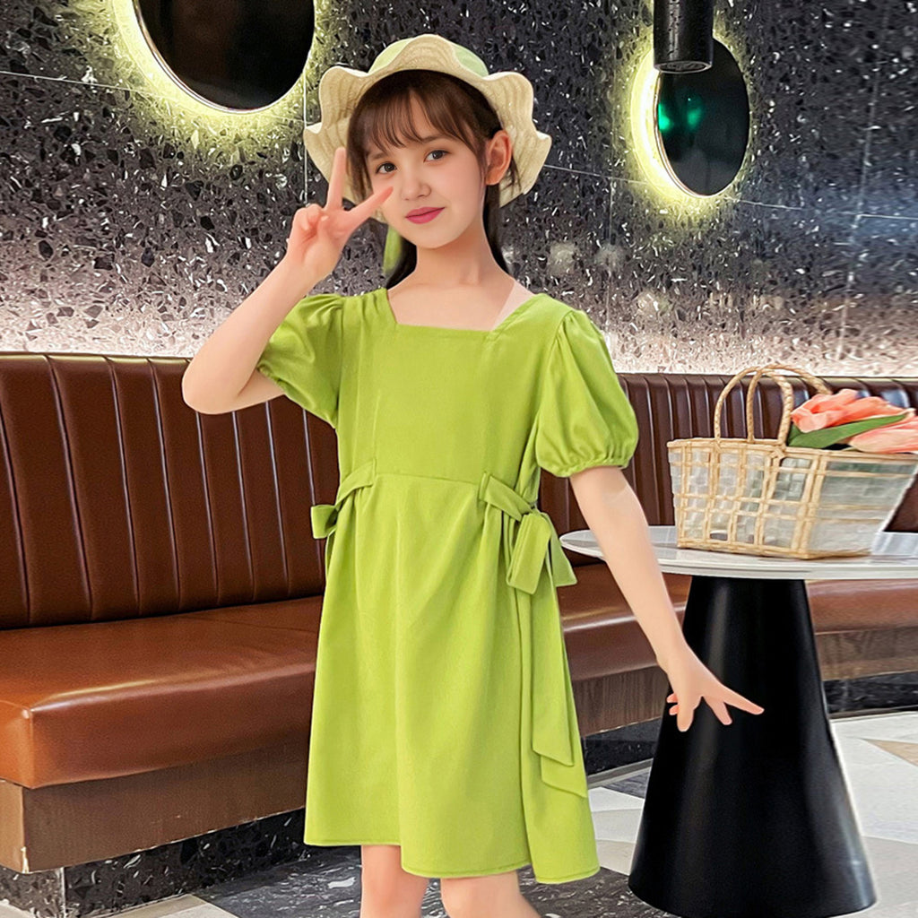 Girls Green Casual Fit & Flare Dress with Criss-Cross Back & Hat
