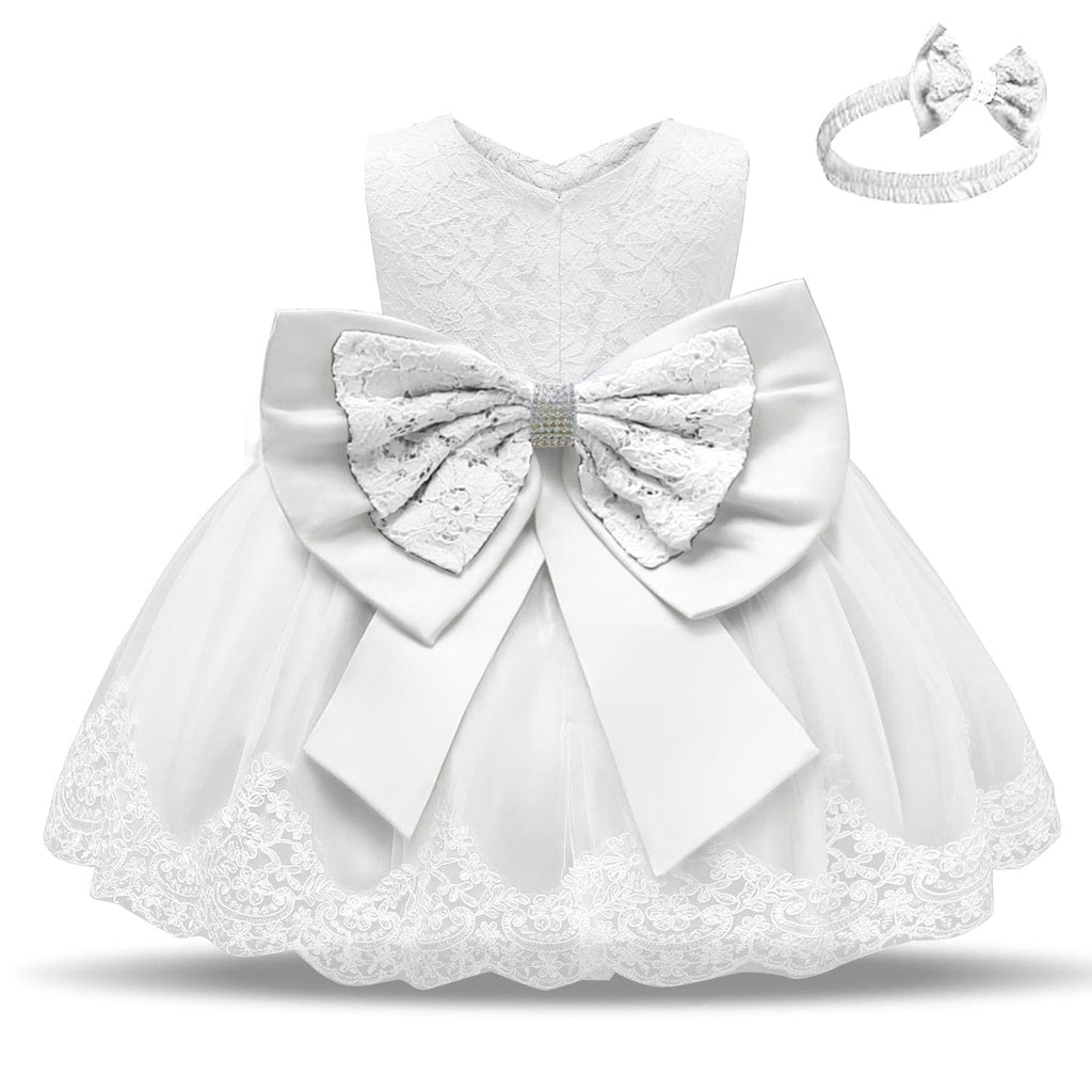 Girls White Party Dress with Bow & Headband