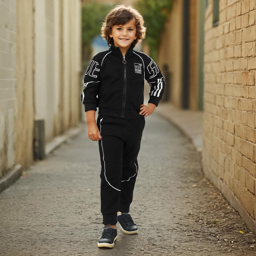 Boys Black Printed Track Suit Set