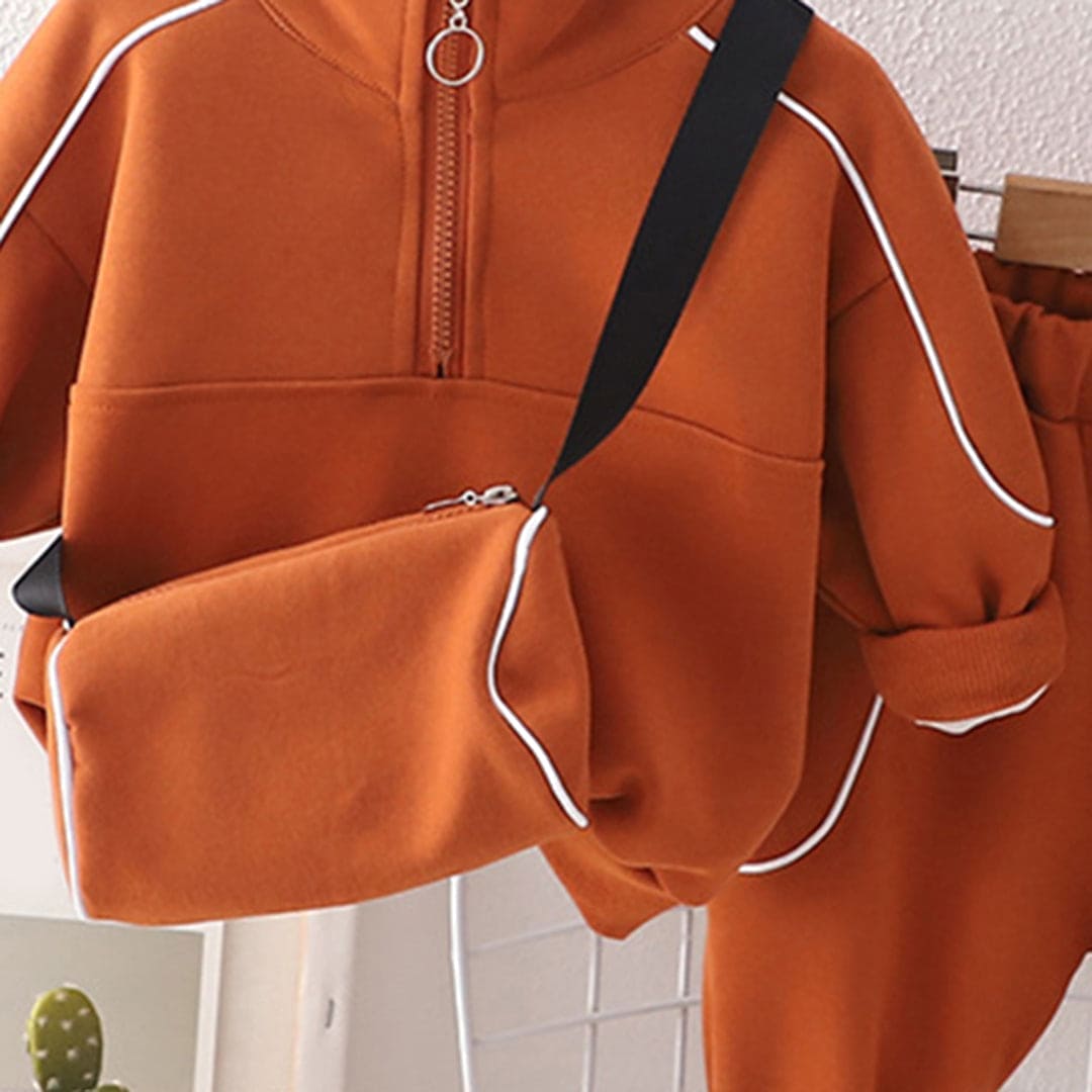 Boys Brown Solid Track Suit with Sling Bag Set Sets   