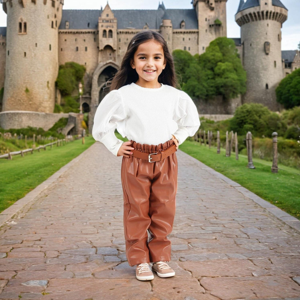 Girls White Full Sleeves Top with Faux Leather Trousers Set