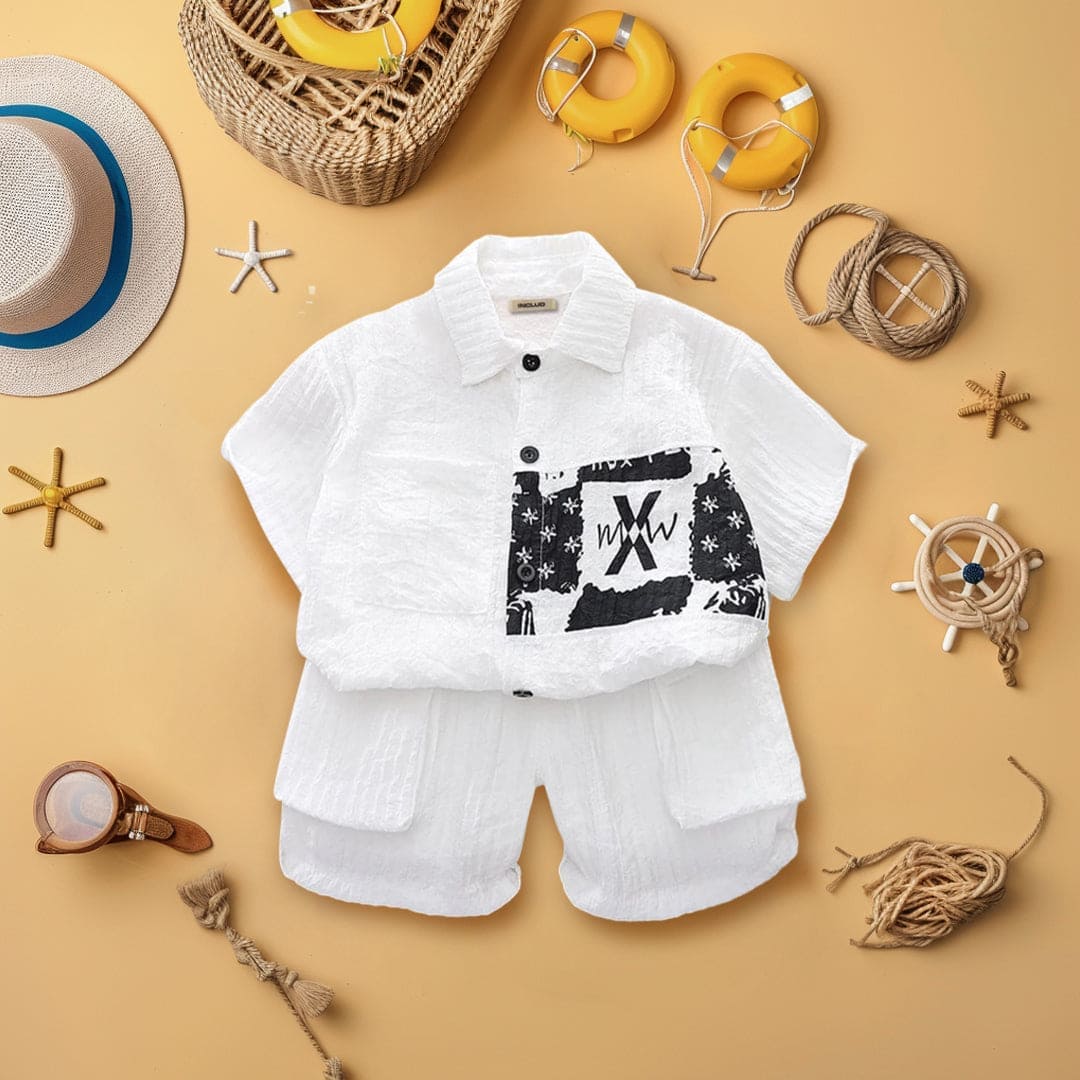 Boys White Printed Shirt with Shorts Set Sets   