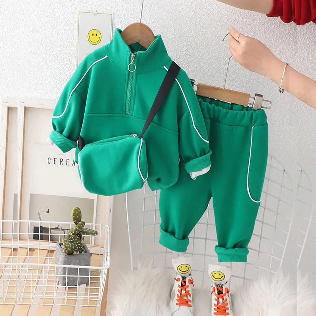 Boys Green Solid Track Suit with Sling Bag Set